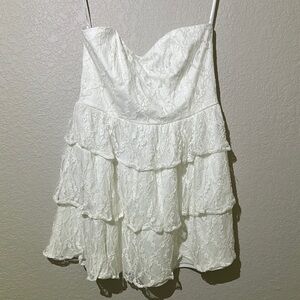 Lulus Sweet Perception White Lace Strapless Tiered Mini Dress (Size L)